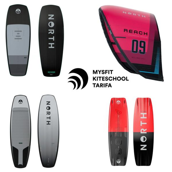 Board and kite rental package in Tarifa with North equipment in red and black, available at Mysfit Kite School for complete kitesurfing sessions.